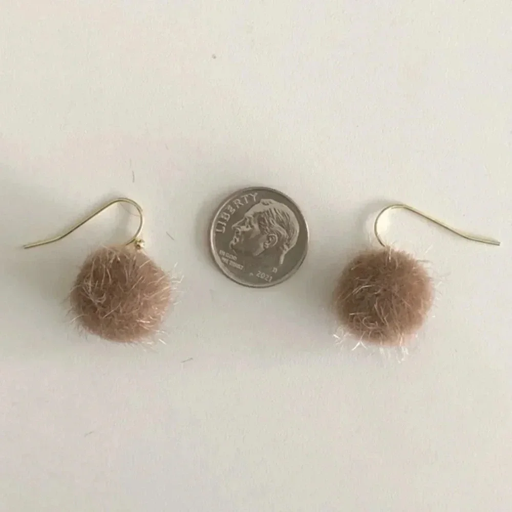 Beige Tan Fuzzy Furry Pom Pom Drop Earrings NWT